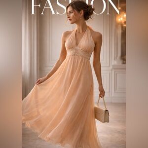 NWT Y2K BCBG Paris Peach Silk Chiffon Halter Dress Beaded Size 4